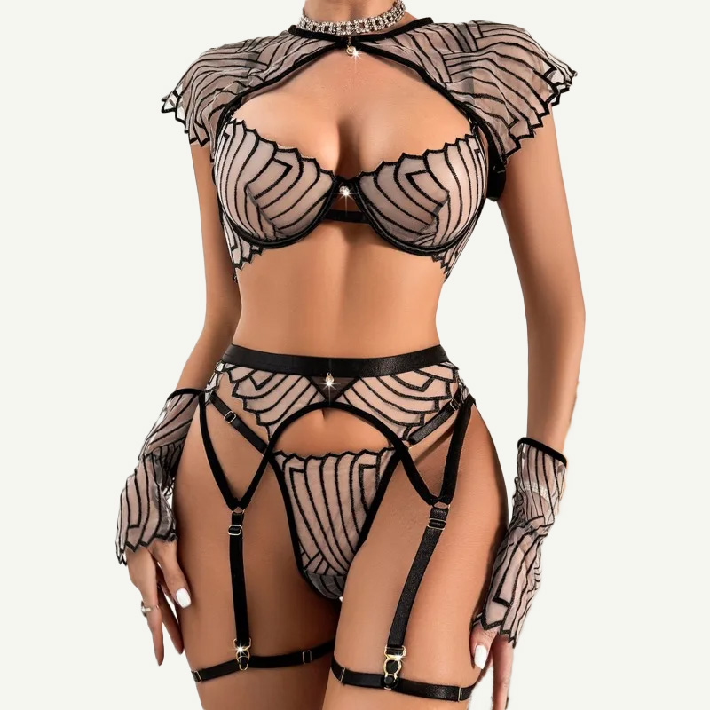 Women's Black Geometric Embroi - Garter Belt Set review and price